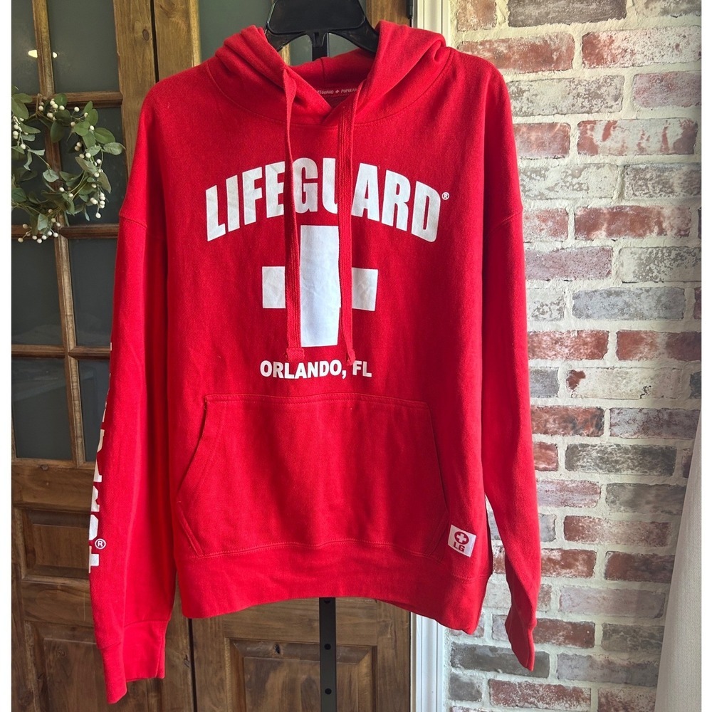 Lifeguard Hoodie Mens XL Red Orlando FL Pullover Graphic Fleece Sweatshirt